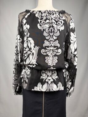 Black White Baroque Off Shoulder Blouse Sheer Sleeve